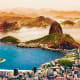 Aerial view of Sugarloaf Mountain and Guanabara Bay in Rio de Janeiro, Brazil with coastal cityscape and turquoise waters